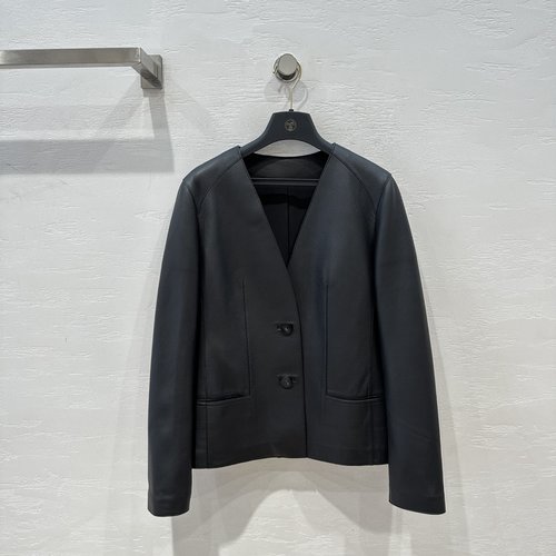 Hermes V-neck Lambskin Jacket with Handmade Oil Edge and Double Pockets