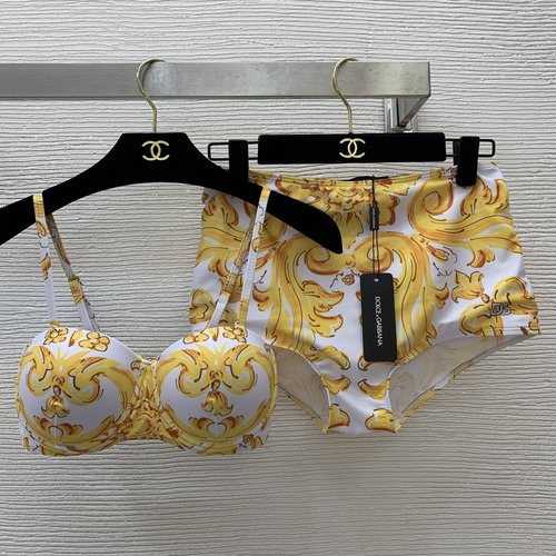 Dolce & Gabbana Gold Retro Floral Print Bikini Swimsuit Set