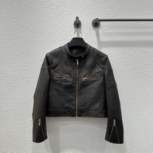 Miu Miu Vintage Motorcycle Style Leather Jacket with Hand-Painted Vintage Process