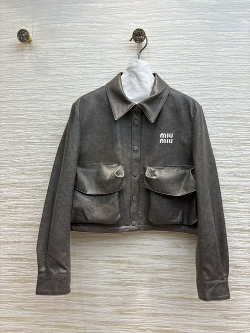 Miu Miu Retro Style Double-Pocket Short Leather Jacket