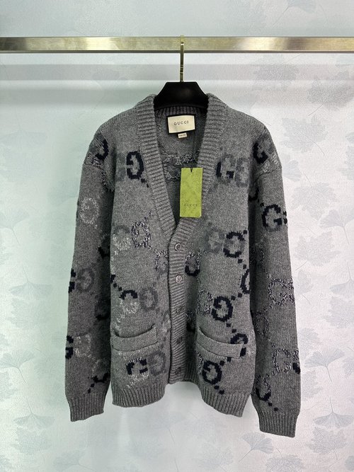Gucci Knitted Long-Sleeved Cardigan with Double G Jacquard and Logo Buttons