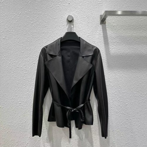 Loro Piana Exclusive High-Quality Leather Blazer with Waist Tie, Slimming and Stylish