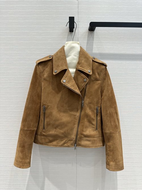 Brunello Cucinelli Luxury Suede Motorcycle Jacket with Copper Chain Decoration