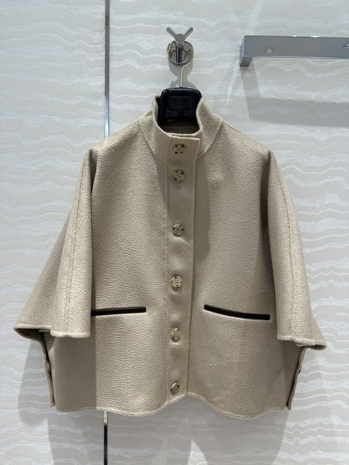 Max Mara Cashmere Small Cloak with Pocket and Contrast Leather Edge