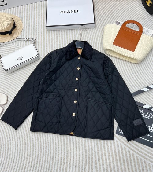 Burberry Cotton Quilted A-line Jacket with Logo Buttons and Velvet Collar