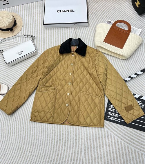 Burberry Cotton Quilted A-line Jacket with Logo Buttons and Velvet Collar