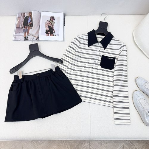 Miu Miu Stylish Striped Polo and Mini Skirt Set