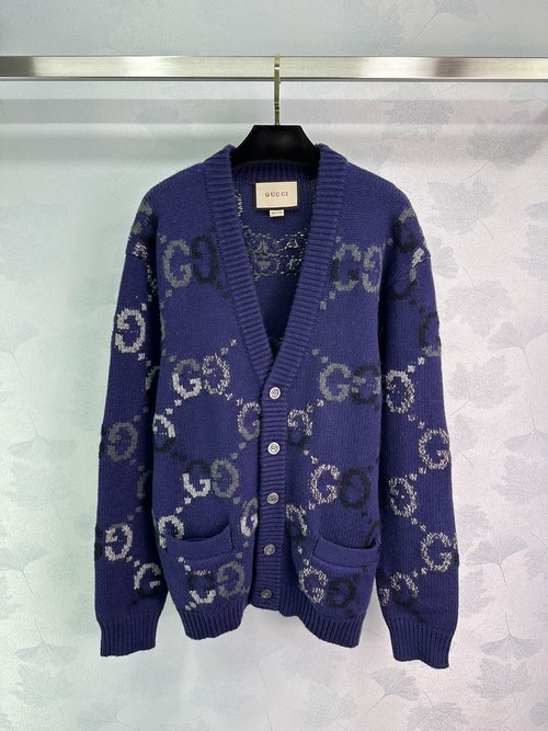 Gucci Knitted Long-Sleeved Cardigan with Double G Jacquard and Logo Buttons