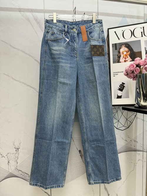 Louis Vuitton High-Waisted Straight-Leg Jeans with Monogram Patch, YKK Zipper, Vintage Look