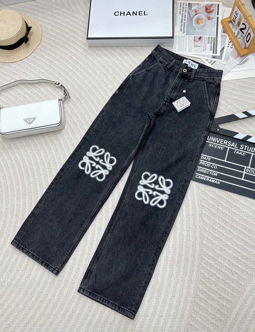 Loewe Knee-Embroidered Logo Classic Denim Straight-Leg Pants