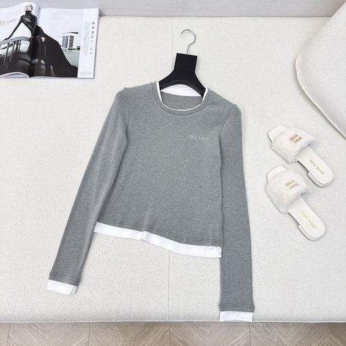 Miu Miu Fake Two-piece Contrast Long Sleeve Base Layer with Embroidery