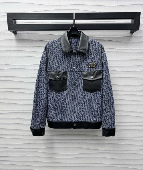 Dior Timeless Embroidered Denim Jacket with Leather Trim and Collar