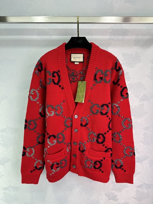 Gucci Classic Double G Logo Knit V-neck Cardigan with Diamond Pattern