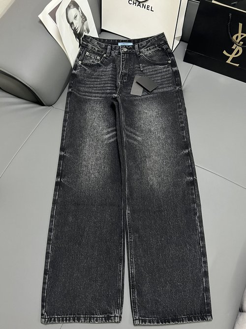 Prada Classic Triangle Logo Straight-Leg Denim Pants in Blue or Black