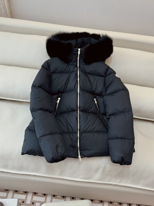 Moncler Oversized Fox Fur Collar, Hooded A-Line White Goose Down Jacket