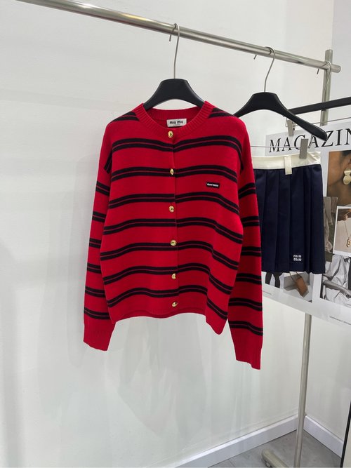 Alexander Wang Red and Black Striped Knit Cardigan with Gold Buttons and Embroidered Logo