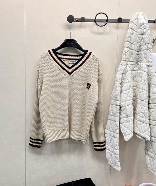Miu Miu V-Neck Knit Sweater with Contrasting Letters