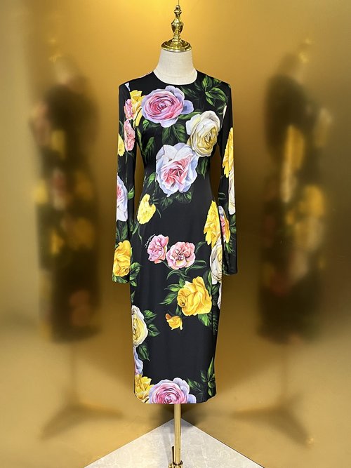Dolce & Gabbana Rose and Peony Patterned Elastic Twill Long Sleeve Silk Dress