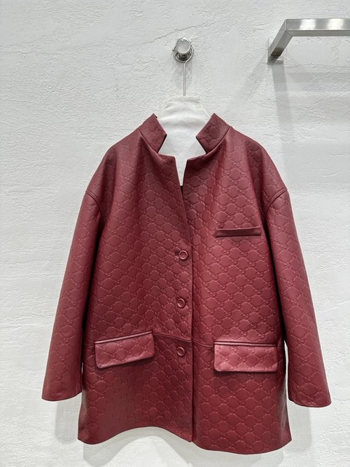 Gucci Imported Sheepskin Leather Jacket with Embroidered Logo and Slimming Design