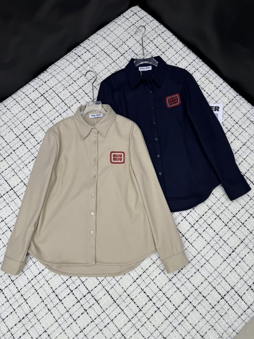 Miu Miu Casual Vintage Letter Logo Embroidered Wool Blend Shirt Jacket for Timeless Charm