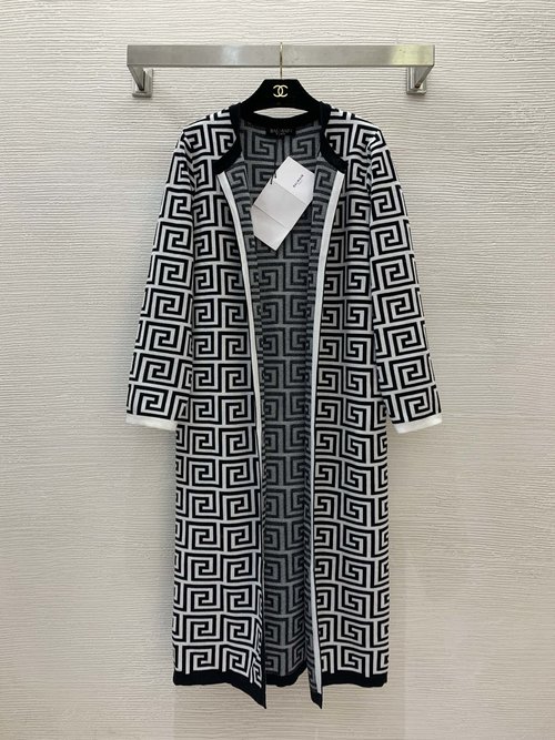 Balmain Brown and White Knit Open Cardigan with Maze Print