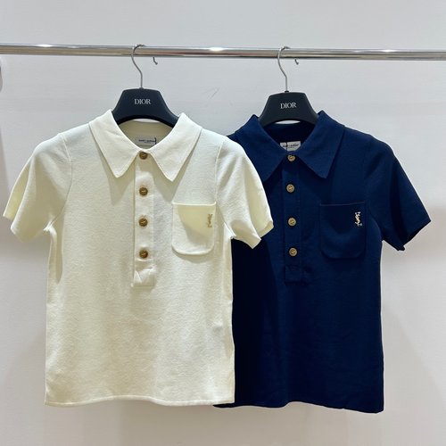 Yves Saint Laurent Metal Logo Pocket Collared Short Sleeve Top in Two Colors