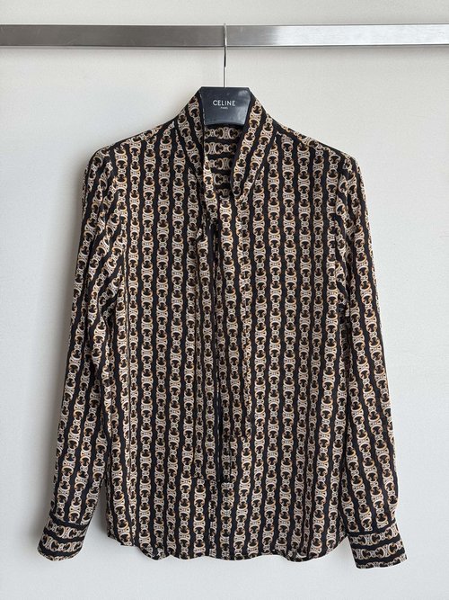 Celine Silk Blouse with Arc de Triomphe Print and Ribbon