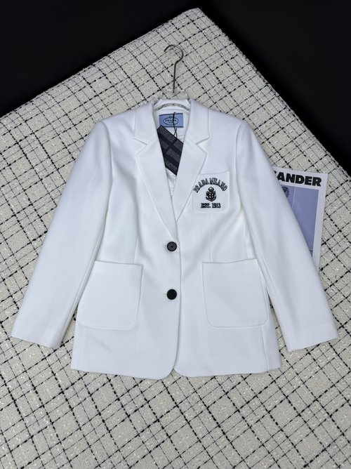 Prada Logo-Embroidered Blazer with Custom Buttons, Oversized Silhouette