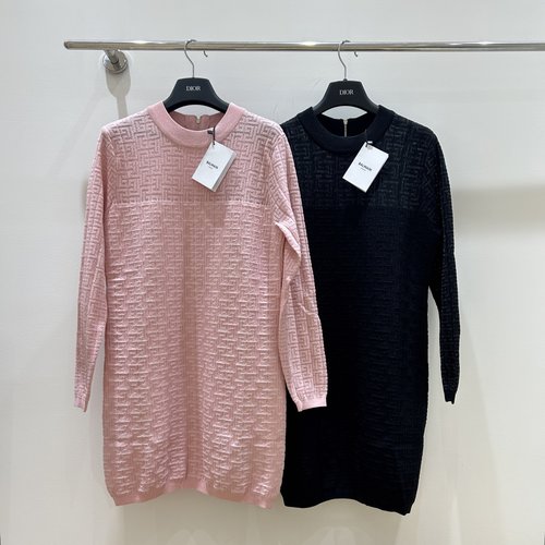 Balmain Long-Sleeved Knit Dress with Distinctive Gold Thread Jacquard