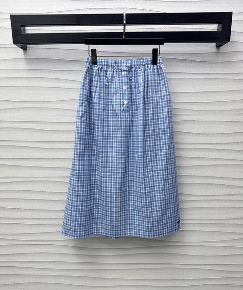 Miu Miu Soft Checked Skirt with Embroidered Logo and Stretch Waist
