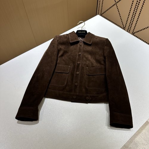 Celine Sophisticated Lazy Style Straight-Tube Leather Jacket with Waist Design