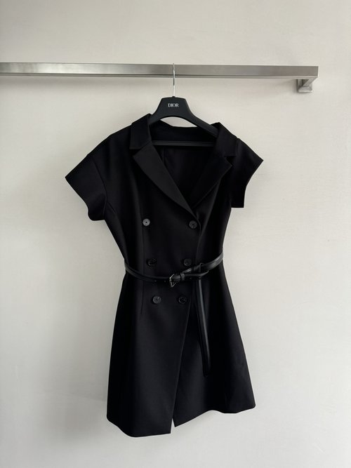 Dior Irregular Shoulder Dress with Asymmetrical Sleeves and Double - Row Buttons
