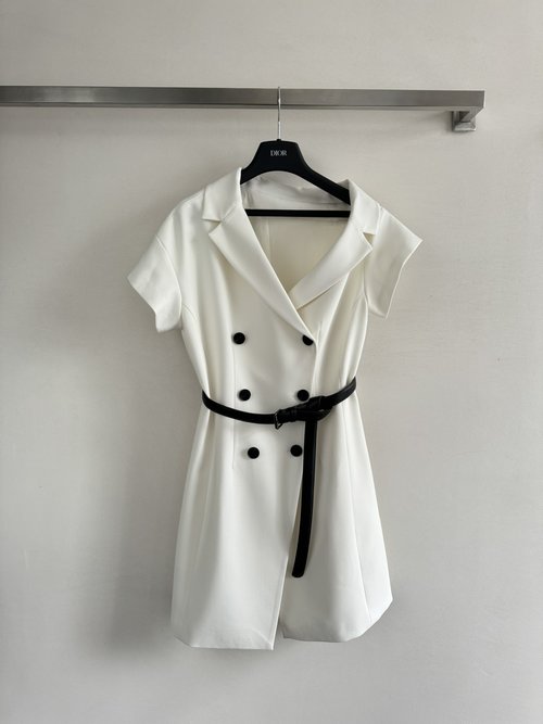 Dior Irregular Shoulder Dress with Double Buttons and Belt