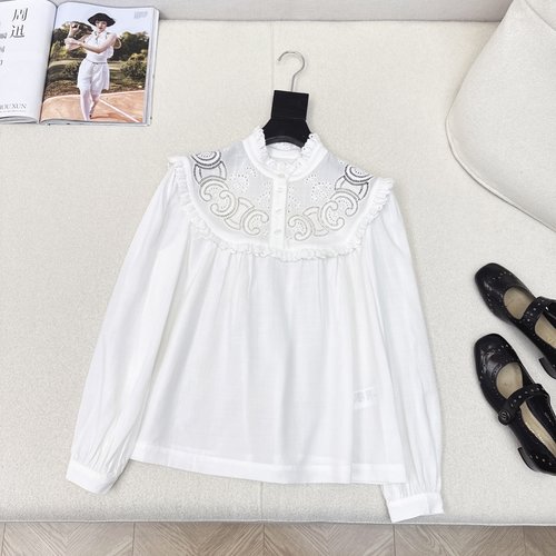 Celine Cotton - linen Shirt with Lace Collar and Arch Embroidery