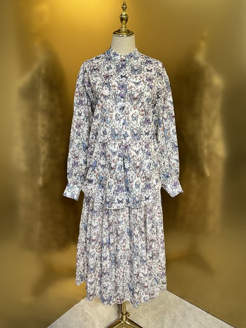 Dior Small Colorful Butterfly Cotton Batwing Sleeve Shirt and Big Swing Skirt
