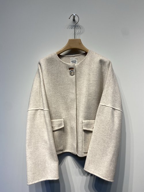 Hermes Sheepskin Metal Button Round Neck Cashmere Short Coat