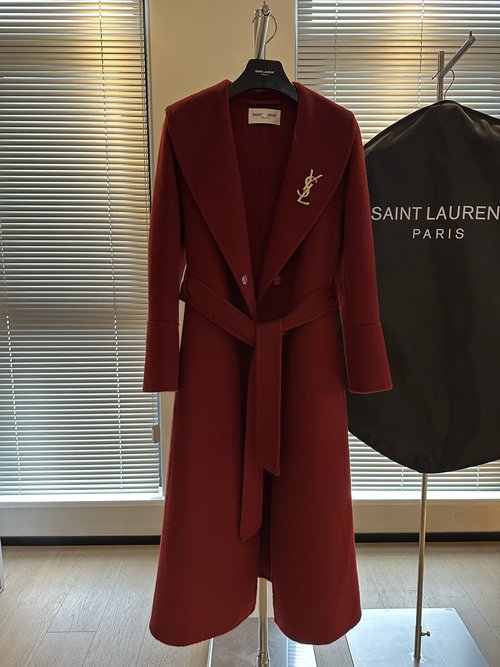 Yves Saint Laurent Sophisticated A-Line Wool Coat with Gilded Brooch