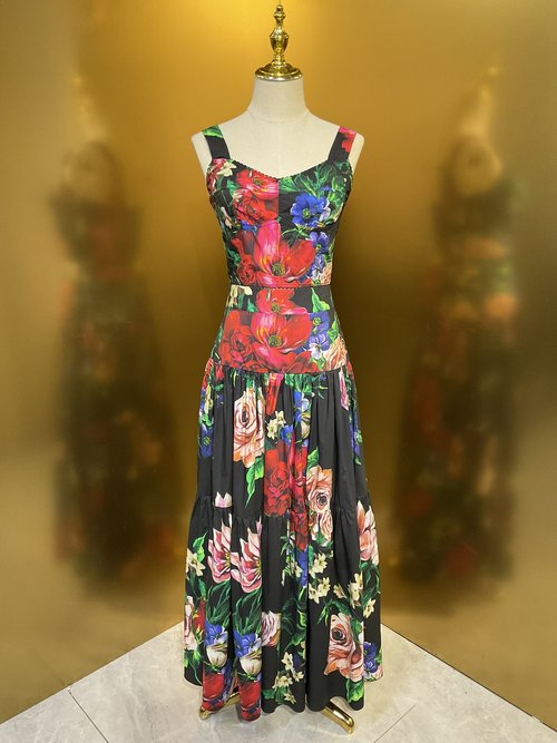 Dolce & Gabbana Black Base Colorful Flower Cotton Print Crop Top and Long Skirt