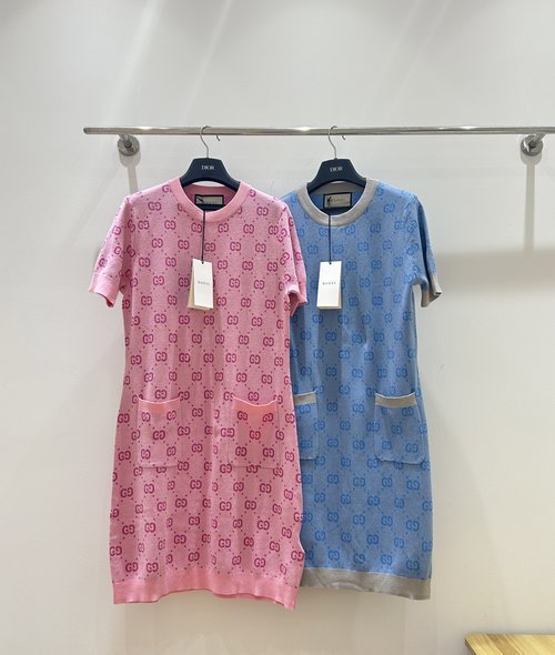 Gucci Monogram Patterned Dress, Round-Neck Short-Sleeve, Minimalist and Fashionable