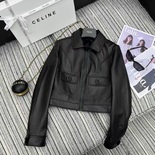 Celine New Lambskin Collar Jacket, Custom Design, Letter Jacquard Lining, High-End Quality