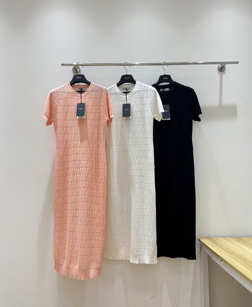 Fendi Summer Hollow Double F Short-sleeved Long Dress, Elegant