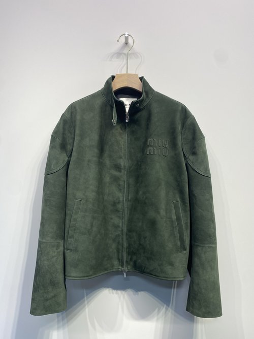 Miu Miu Sophisticated Stand-up Collar Jacket with Embroidered Logo in Suede Leather