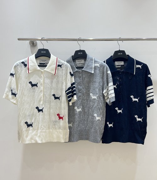 Thom Browne Dog Pattern Hollow Out Collar Short Sleeve, Breathable and Stylish