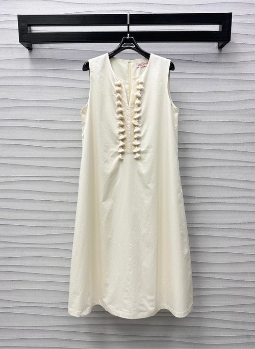 Valentino Slim V-Neck Silk Sleeveless Dress with Lace Trim and Tassels