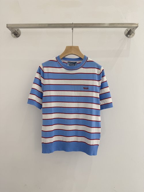 Prada Sky Blue Striped Breathable Short Sleeve Top