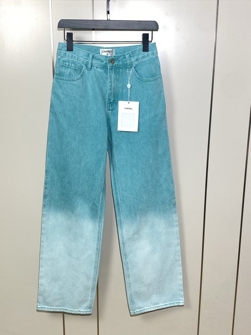 Chanel Light Blue Ripped Wide-Leg Jeans with Heart-Shaped Logo, American Style