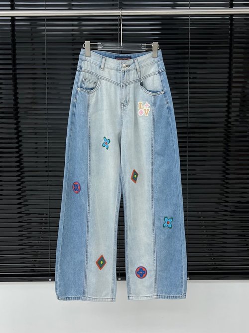 Louis Vuitton Cotton - Spliced Embroidered Flared Wide - Leg Jeans