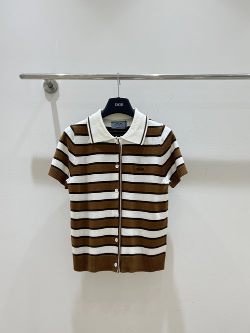 Prada Striped Knitted Cardigan with Letter Embroidery, Short Sleeves