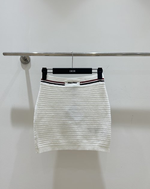 Miu Miu Letter Embroidered Skirt with Contrast Stripes, High Waist Cut