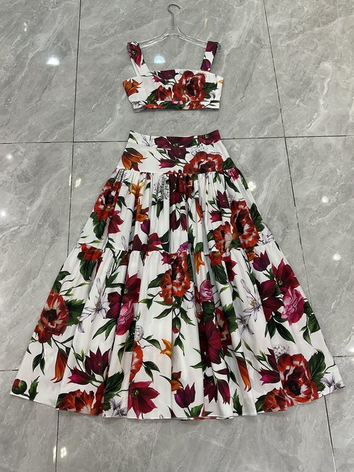 Dolce & Gabbana White Base Big Red Flower Cotton Long Skirt
